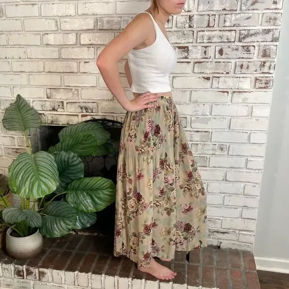 Vintage 90s Sag Harbor Floral Pleated A-line Slightly Sheer Maxi Skirt